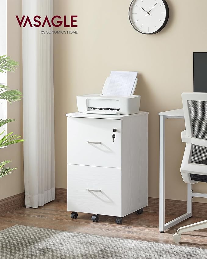 VASAGLE 2-Drawer File Cabinet, Locking Filing Cabinet for Home Office, Small Rolling Printer Stand, A4, Letter-Size Hanging Files, Assembly Required, White ULCD027T46V2-DeskLoop Office