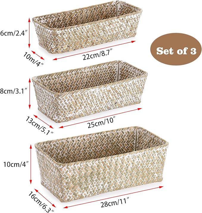 3 Natural Wicker Baskets Set Rectangular Handwoven Seagrass Basket Storage Bins - Image 3