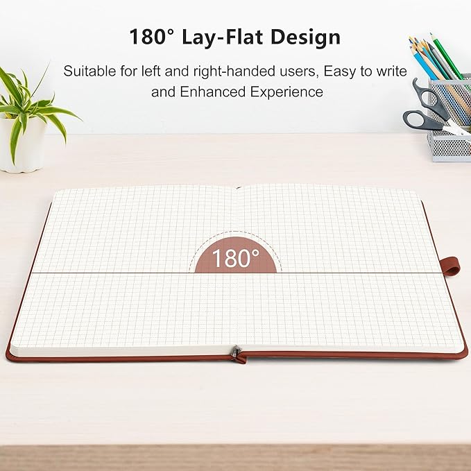 RETTACY Graph Grid Paper Notebook, 192 Pages, A5 Medium Size (5.7'' x 8.3''), 5 Squares per Inch, Leather Hardcover, 100 GSM Thick Paper, for School, Students, Math, Engineering (Brown)-DeskLoop Office