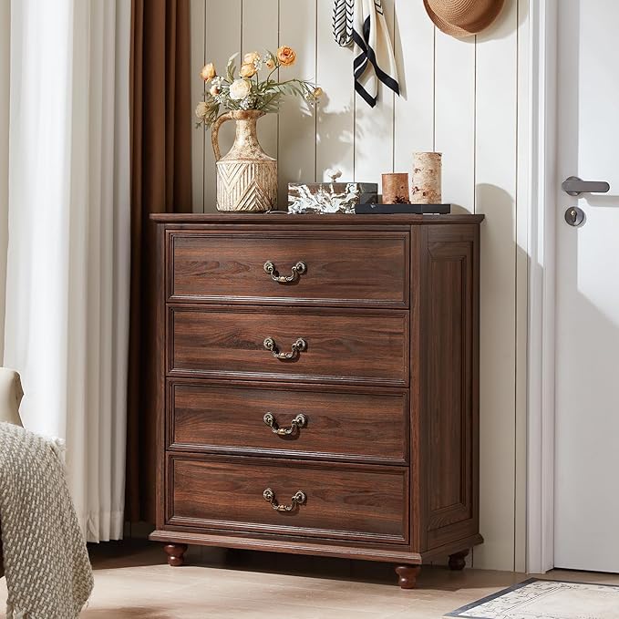 Farmhouse 4 Drawer Dresser Set of 2 for Bedroom, 37" Tall Rustic Chests of Drawers w/ 4 Solid Wood Feet, Mid Century Vintage Wooden Closet Storage Dressers Organizer for Living Room, Brown-DeskLoop Office