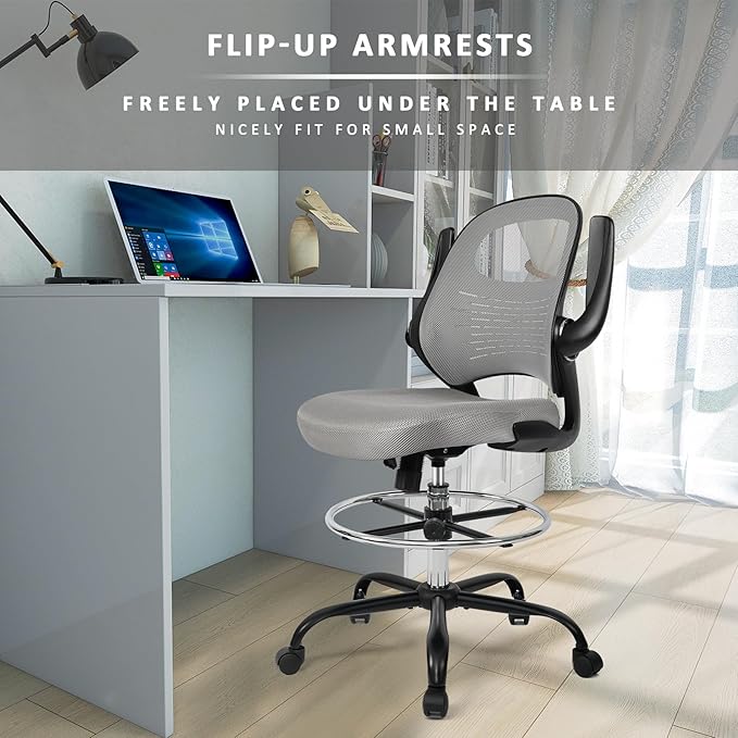 HYLONE Tall Drafting Chair Standing Desk Chair with Flip-Up Armrests, Adjustable Height Ergonomic Office Chair with Footrest Ring - High Stool Chair for Standing Desk（Grey）-DeskLoop Office