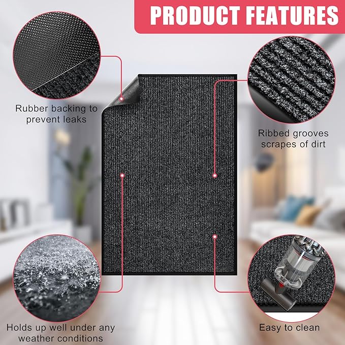Kuyal Front Door Mat, 3'x6' Indoor Outdoor Entrance Mat, Commercial Floor Mats Inside Outside Entrance, Heavy Duty Durable Welcome, Rubber Backing Non Slip Outdoor Mats for Entryway,Black-DeskLoop Office