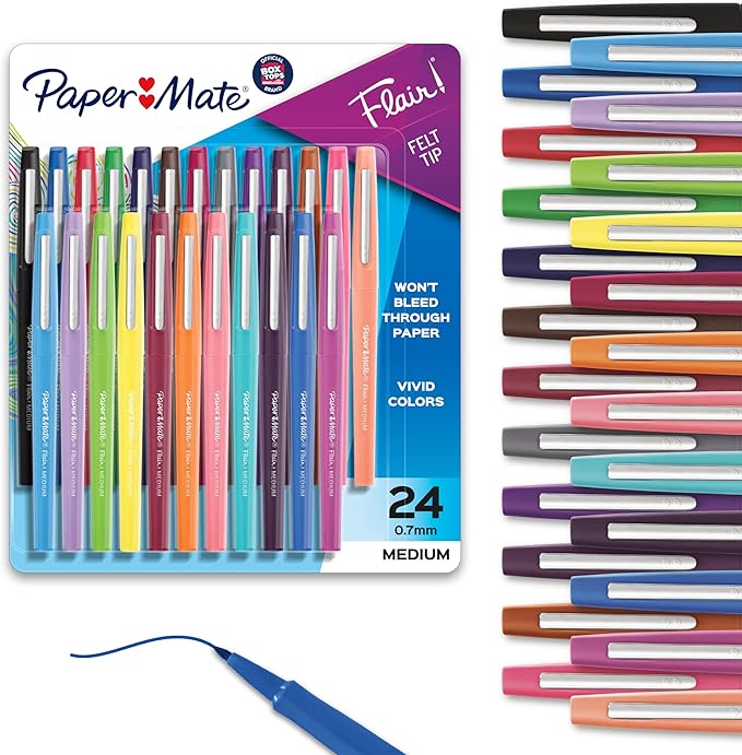Paper Mate Felt Tip Pens, Flair Marker Pens, Medium Point, Assorted, 24 Count - Home, Office, Back to School, Teacher Supplies-DeskLoop Office