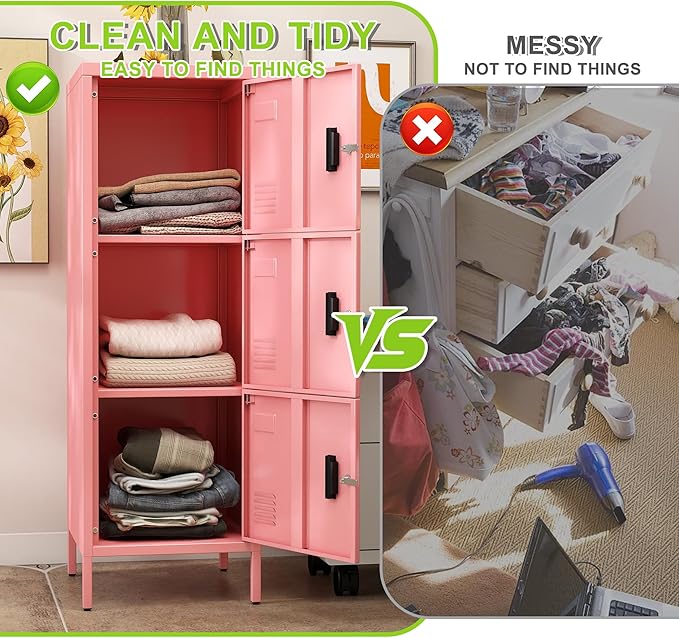 Aobabo 16" W 3 Door Metal Storage Locker with Lock, 47" H Steel Locker with Name Card Holder and Metal Leg for School, Home, Office, Playroom, Assembly Required, Pink-DeskLoop Office