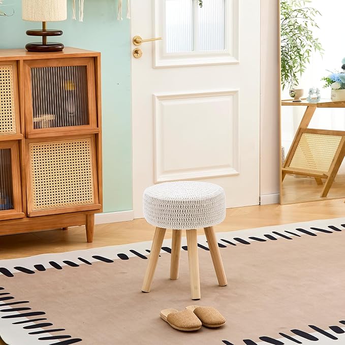 Wimarsbon Pouf Ottoman, 100% Cotton Knitted Boho Footstool, Round Footrest - Image 5