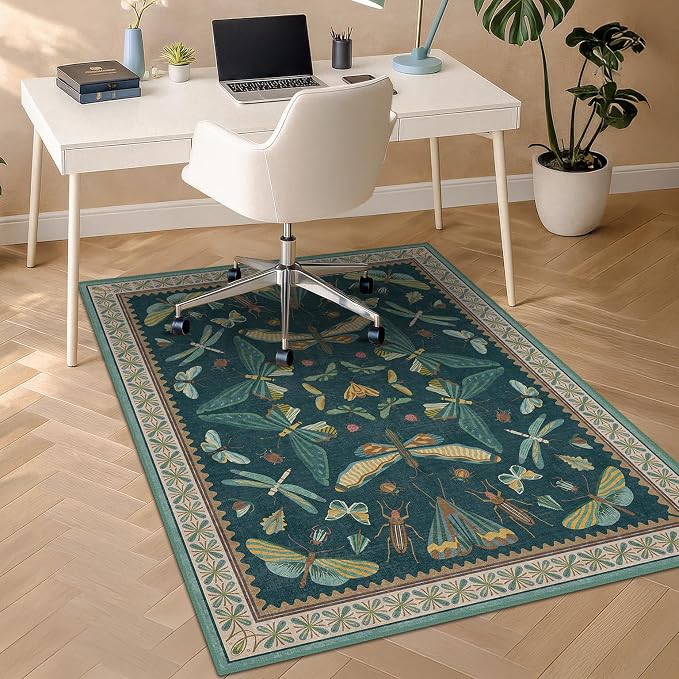 3'x4' Teal Office Chair Mat for Hardwood Floors, Insect Boho Design, Non-Slip - Image 3