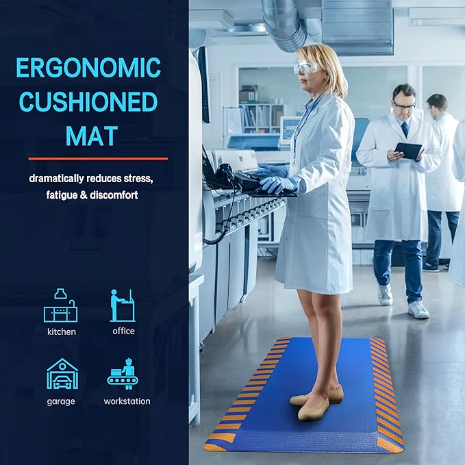 FEATOL Anti Fatigue Mats Industrial 2 Packs, Ergonomic Standing Floor Mat for Work for Stand, Blue with Yellow Border Safety 17" x 24"-Support for Leg & Back Pain-DeskLoop Office