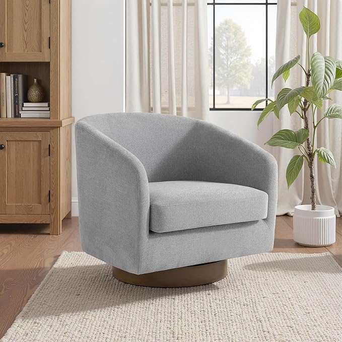 UIXE Swivel Accent Chair with Wood Base, Chenille Upholstered Barrel Chairs for Living Room, Comfy Round Armchair Single Sofa Bedroom Reading Seat - 31" W, Light Gray-DeskLoop Office