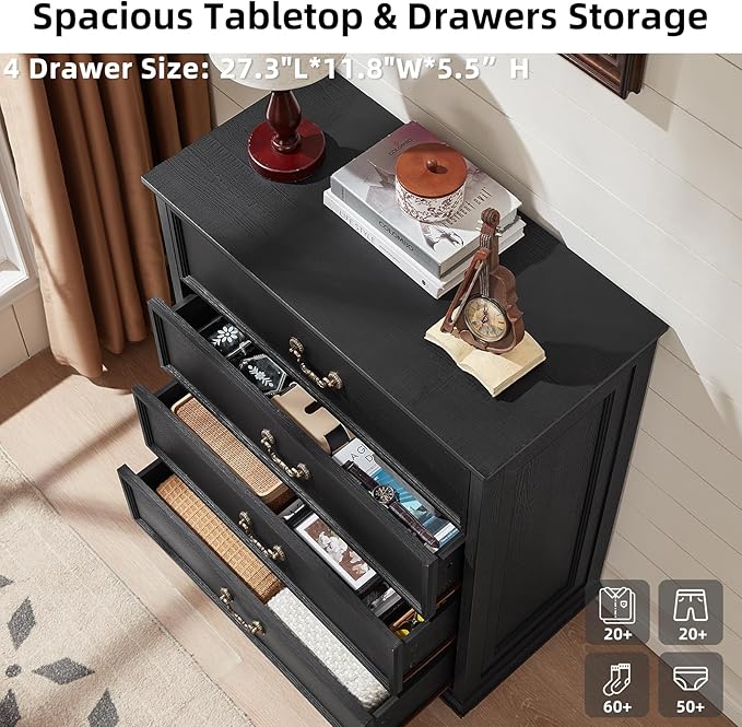 Farmhouse 4 Drawer Dresser Set of 2 for Bedroom, 37" Tall Rustic Chests of Drawers w/ 4 Solid Wood Feet, Mid Century Vintage Wooden Closet Storage Dressers Organizer for Living Room, Black-DeskLoop Office