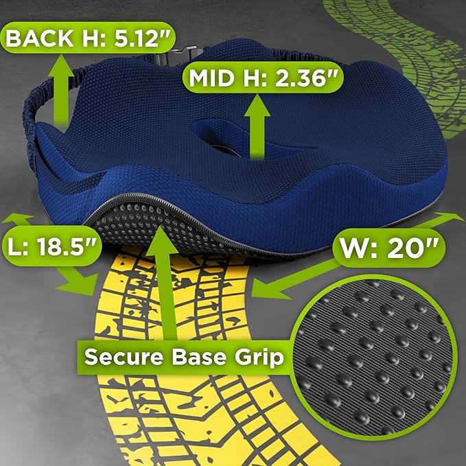 Large Truck Seat Cushion for Truck Driver Seat Cushion - Upgraded Back Support, CertiPUR-US® Certified - Thick Memory Foam, Pain Relief for Hours of Driving, Trucker Approved Big Rig - Navy-DeskLoop Office