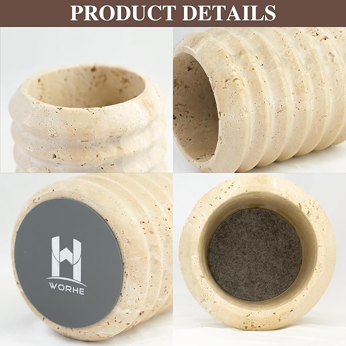 WORHE Pen Holder Stand for Desk, Natural Travertine Stone Makeup Brush Holders, Modern and Functional Pencil Cup for Office Supplies Tableware Organizer for Home Decor School Beige (PH90110)-DeskLoop Office