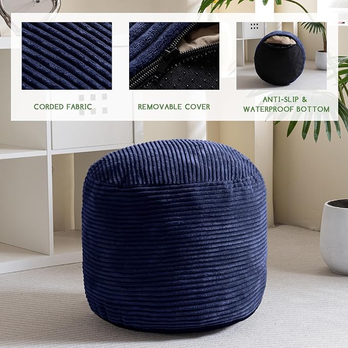 HIGOGOGO Round Stuffed Pouf Ottoman, Corduroy Poufs - Image 3