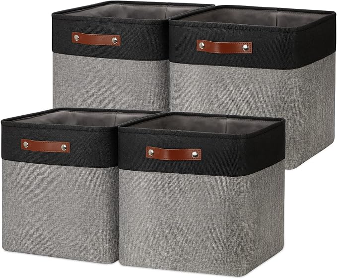 DULLEMELO Storage Bins for Organizing,Closet Storage Baskets for Gift Empty,Large Linen Canvas Storage Bins with Handles for Home Office Toys Shelves(Black&Grey, 13 inch Cube)-DeskLoop Office