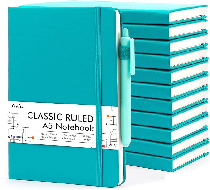 feela 12 Pack Notebooks Journals Bulk with 12 Black Pens, A5 Hardcover Notebook Classic Ruled Journal Set with Pen Holder for School Business Work Travel Writing, 120 GSM, 5.1”x8.3”, Emerald-DeskLoop Office