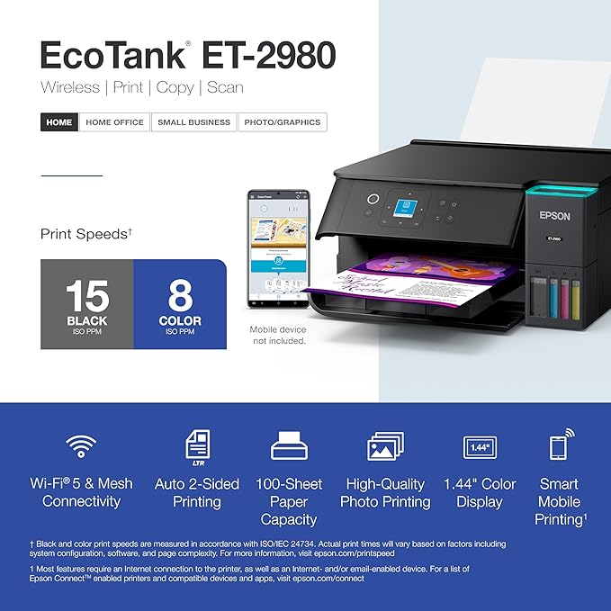 Epson EcoTank ET-2980 Wireless All-in-One Color Supertank Printer with up to 3 Years of Ink, Refillable Tanks, Perfect for Home, 15 PPM, 1.44" Color Screen, Auto 2-Sided Printing - Black-DeskLoop Office