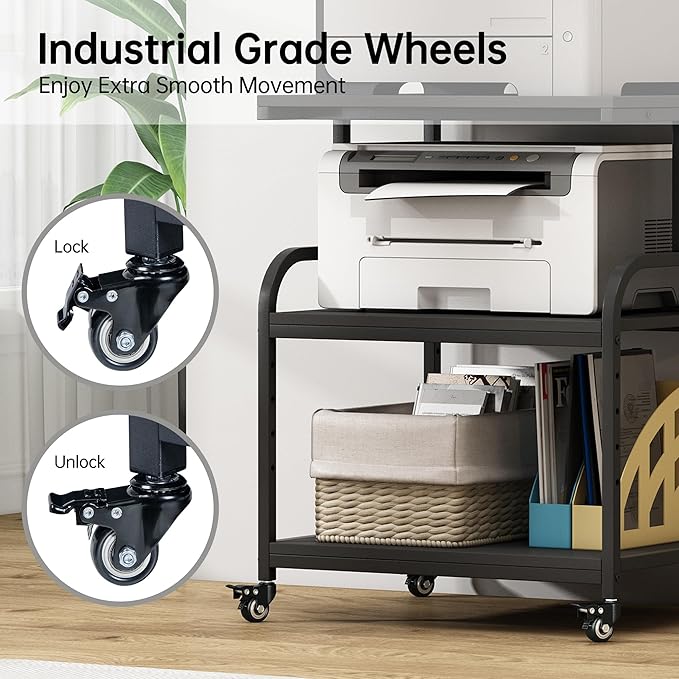 Printer Stand, 23.6 x18.9 x 30 Inches Large Printer Table with Adjustable Storage Shelf, 3 Tier Rolling Printer Cart with Wheels for Home Office, Stand for Heat Press Mini Fridge, Black-DeskLoop Office