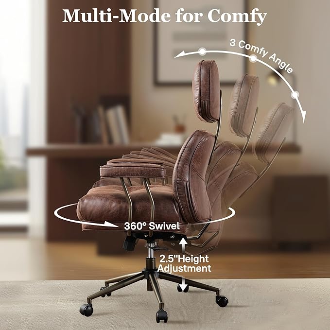 Mid Century Modren Large Office Chair, Big and Tall Ergonomic Executive Chair for Heavy Duty People, Computer Desk Task Chair with Wheels, Faux Lether Fabric Wide Chair for Home Sturdy,Dark Brown-DeskLoop Office