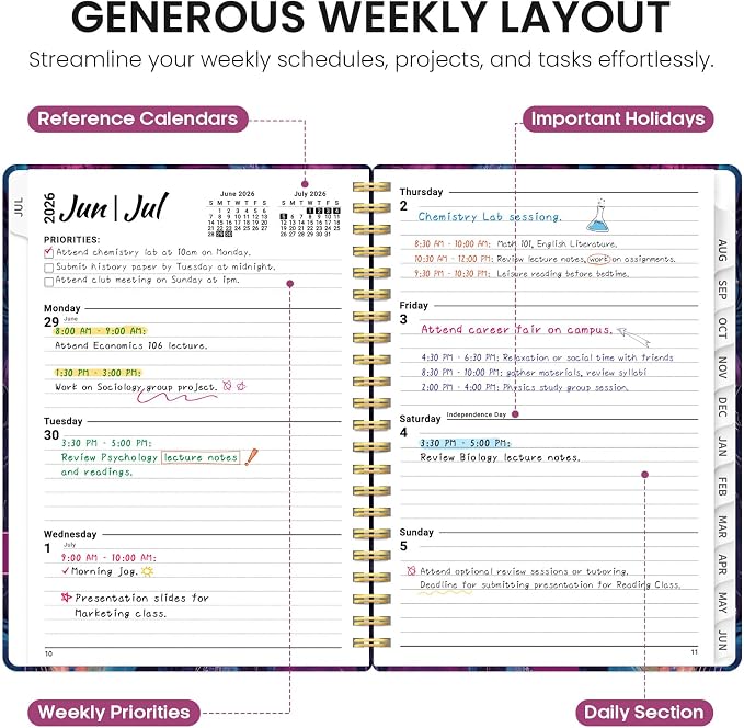 Planner 2026–2027, Academic Monthly Weekly Spiral Calendar, July 2026 – June - Image 3
