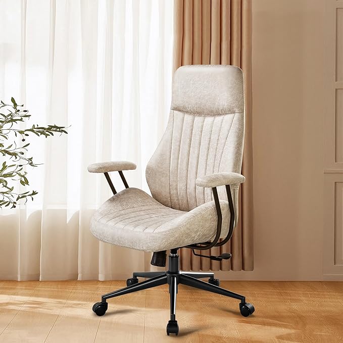 Mid Century Modren Office Chair - High Back Swivel Executive Chair with Lumbar Support,Ergonomic Computer Desk Chair with Wheels,Faux Lether Suede Task Chair,350lbs (Beige, High Back)-DeskLoop Office