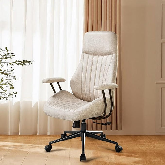 Mid Century Modren Office Chair - High Back Swivel Executive Chair with Lumbar Support,Ergonomic Computer Desk Chair with Wheels,Faux Lether Suede Task Chair,350lbs (Beige, High Back)-DeskLoop Office