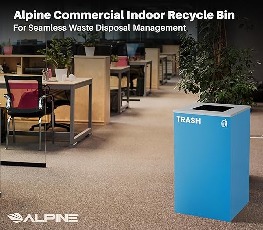 Alpine Commercial Indoor Recycle Bin with Lid - 29 Gallon Blue Recycle Bin Recycle Trash Can Office Recycling Bins, Metal Recycling Container with Stickers & 3 Optional Lids Sold Separately-DeskLoop Office