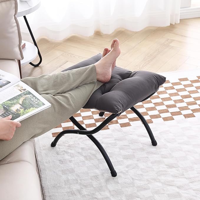 LITA Folding Upholstered Footrest Stool, Modern Small Portable Accent Ottoman with Detachable Thick Cotton Cushion Padded Sofa Stool with Metal Frame for Lazy Chair, Living Room & Bedroom, Dark Grey-DeskLoop Office