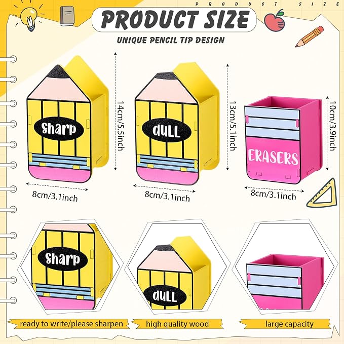 DoubleFill 3 Pcs Sharp and Dull Pencil Holder Eraser Buckets Wooden Shaped - Image 2