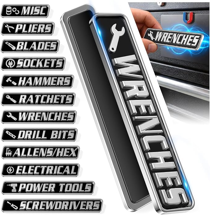 12 PCS Metal Magnetic Tool Box Labels, Embossed Tool Box Labels Magnet by VTRUSTA