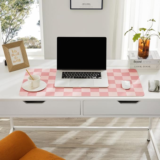 Ohocut Checkered Desk Mat, 31.5" x 15.7" Large Cute Coral Pink Aesthetic Retro - Image 2