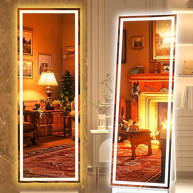 Hasipu Full Length LED Mirror with Lights, 56" x 18" Floor Standing or Wall Hanging Mounted, Full Body Dressing Mirror, Dimmable Tempered Glass, Square White-DeskLoop Office