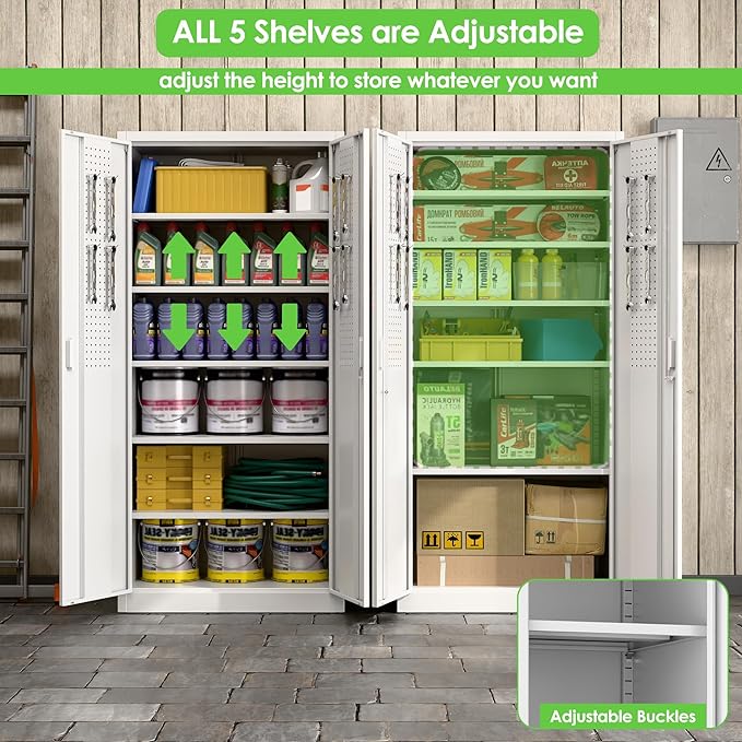 Aobabo Upgraded 71" H×34" W×18" D Metal Garage Storage Cabinet with Pegboards, Lockable Steel Cabinet with 5 Adjustable Shelves and 4 Hooks for Garage, Home, Office, White,Assembly Required-DeskLoop Office