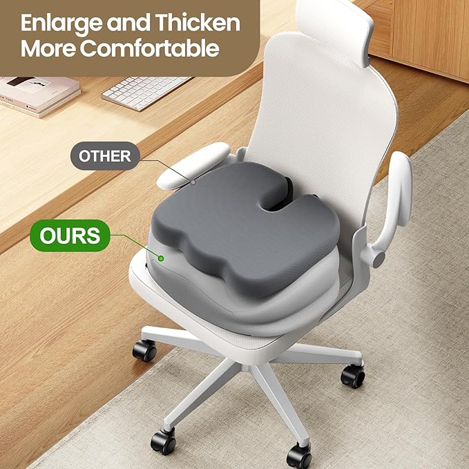 Benazcap Large Seat Cushion for Office Chair Memory Foam Coccyx Pain Relief Cushion Pillow for Back Support Non-Slip Seat Pad for Office Desk, Car Seat, Wheelchair, Sciatica-Grey-DeskLoop Office