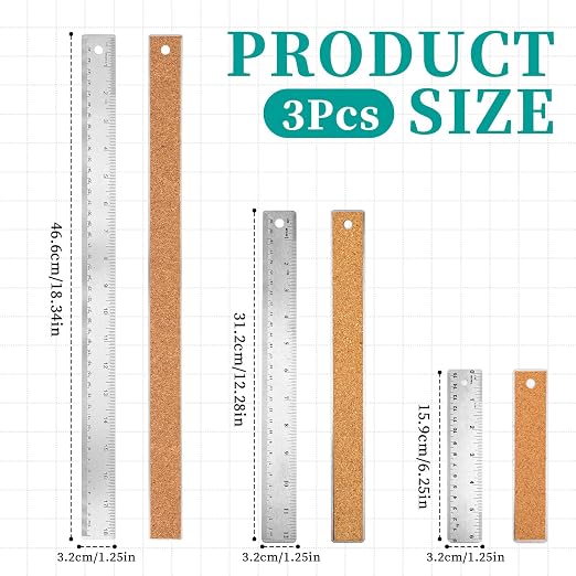 Metal Ruler with Cork Backing 6+12+18 Inch Stainless Steel Metal Ruler Non-Slip - Image 2