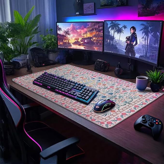Pink Floral Desk Mat 31.5"x15.7" | Extra Large Mouse Pad, Non-Slip Rubber Base - Image 3