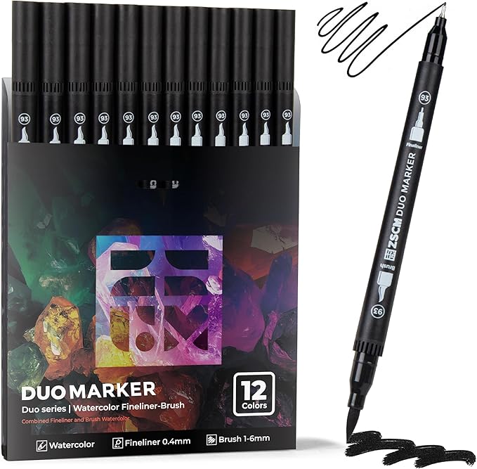 ZSCM Black Duo Tip Marker Pens, 12 Pack Fine & Brush Markers by ZSCM