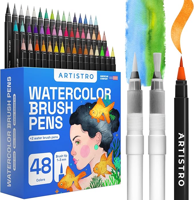 ARTISTRO 48 Watercolor Markers with Flexible Paint Brush Pens for Pros & Beginners - Consistent, Smooth, Bright, Washable, Non-Toxic, Ideal for Coloring, Calligraphy, & Manga-DeskLoop Office