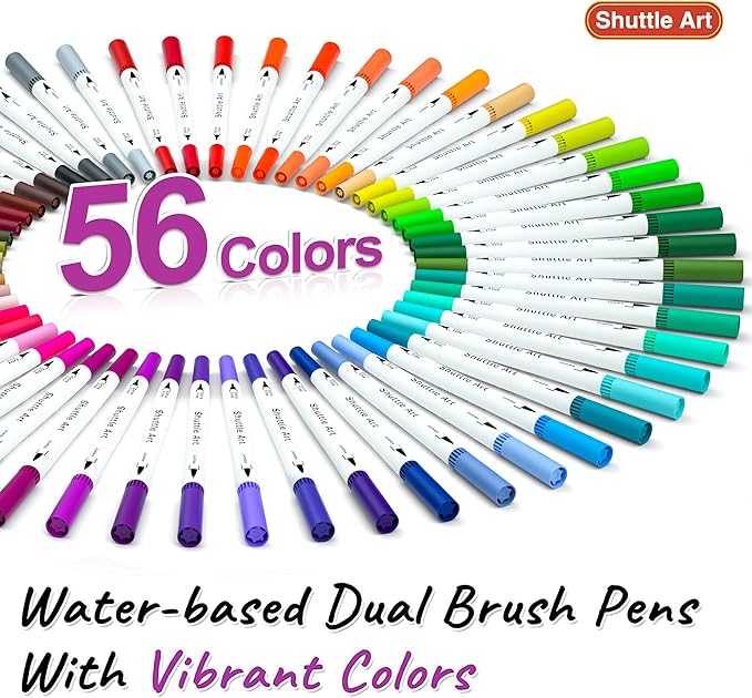 Shuttle Art Dual Brush Marker Pens, 56 Colors Water-based Ink, Dual Tip Calligraphy Pens Fineliner and Brush Tip perfect for Kids Adult Artist, Hand Lettering, Journal, Doodling, Writing-DeskLoop Office