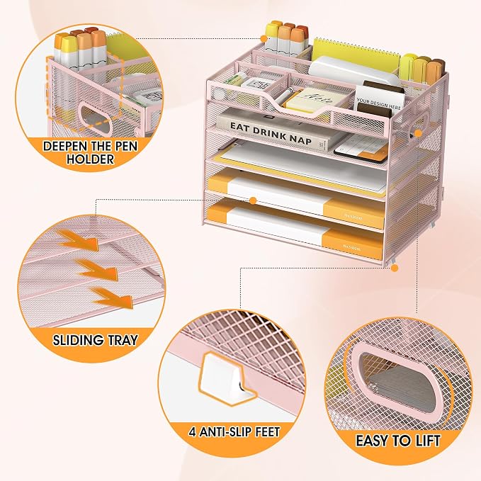 5 Tier Paper Letter Tray with 3 Drop-in Pen Holders, Mesh Desk File Organizer - Image 4