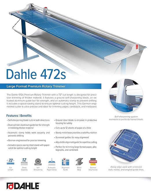 Dahle 472s Premium Rotary Trimmer w/Stand, 72" Cut Length, 12 Sheet Capacity, Self-Sharpening, Automatic Clamp, German Engineered Paper Cutter-DeskLoop Office