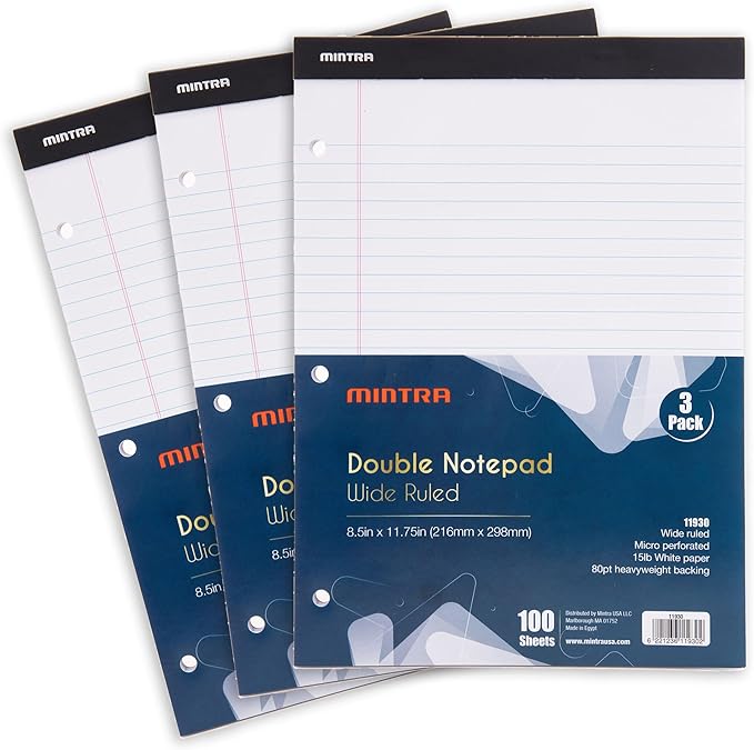 Mintra Office Legal Pads (Double Pad 3pk (White), 8.5in x 11in (Wide Ruled))-DeskLoop Office