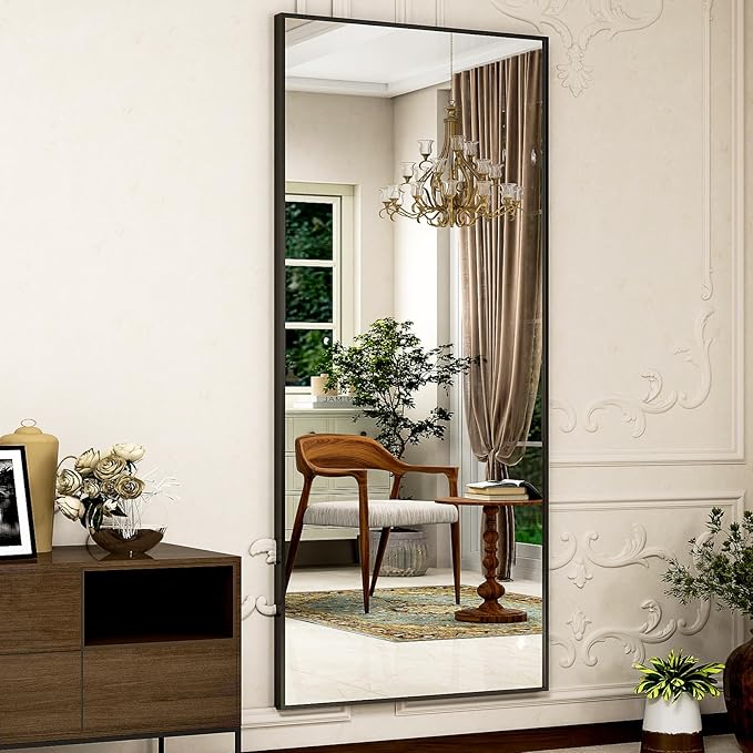 Full Length Mirror 64"x21" Black, Rectangle Wall-Mounted or Standing Full Body Mirror for Bedroom, Living Room, Dressing Floor Mirror-DeskLoop Office