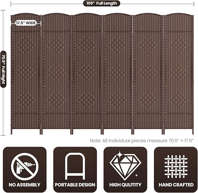 Cocosica 6 Panel Room Divider, 6Ft Folding Privacy Screen, Tall - Image 3