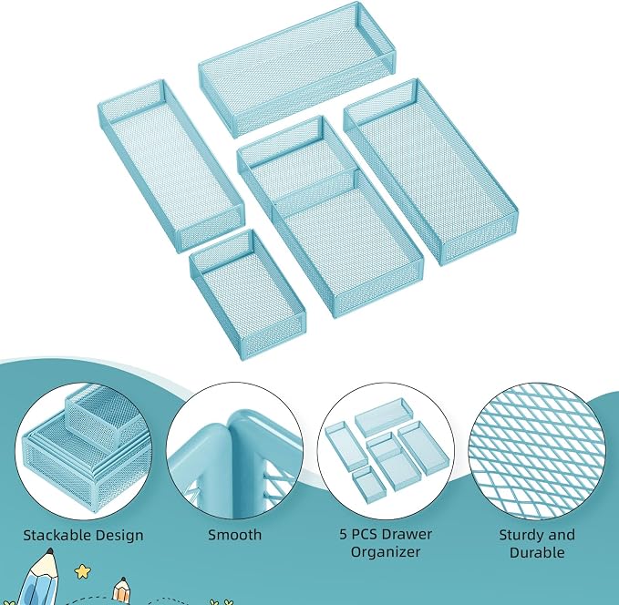 Marbrasse 5 Pack Desk Drawer Organizer Set, Mesh Drawer Storage Trays - Image 5