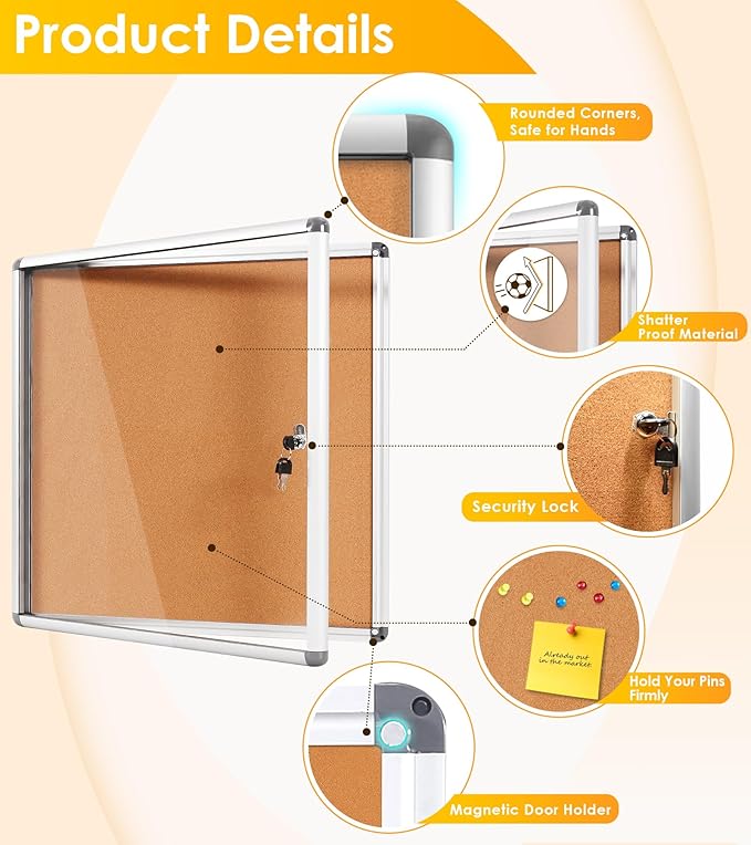 SWANCROWN Enclosed Cork Bulletin Boards Wall-Mounted Noticeboard Protective Display Case for Retail School Apartment 28x26 inch (6xA4)-DeskLoop Office