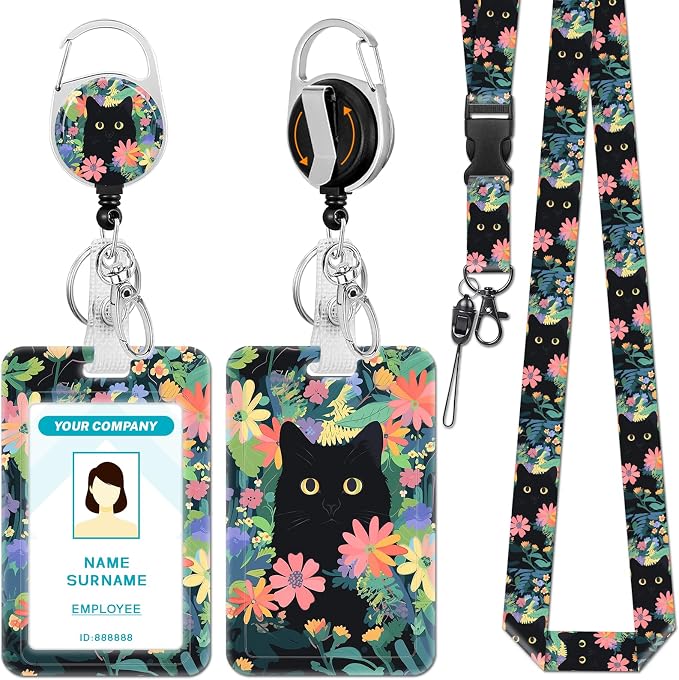 Hancynir Lanyards for Id Badges, Cat Flower Floral Badge Holder by Hancynir