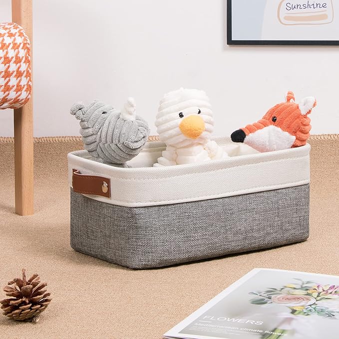 DULLEMELO Small Storage Baskets 6 Pack, Fabric Collapsible Gift Storage Baskets for Shelves, Closets, Nursery, Home, Office Organizing,Small Canvas Linen Rectangular Storage Bins (6-Pack, White&Grey)-DeskLoop Office
