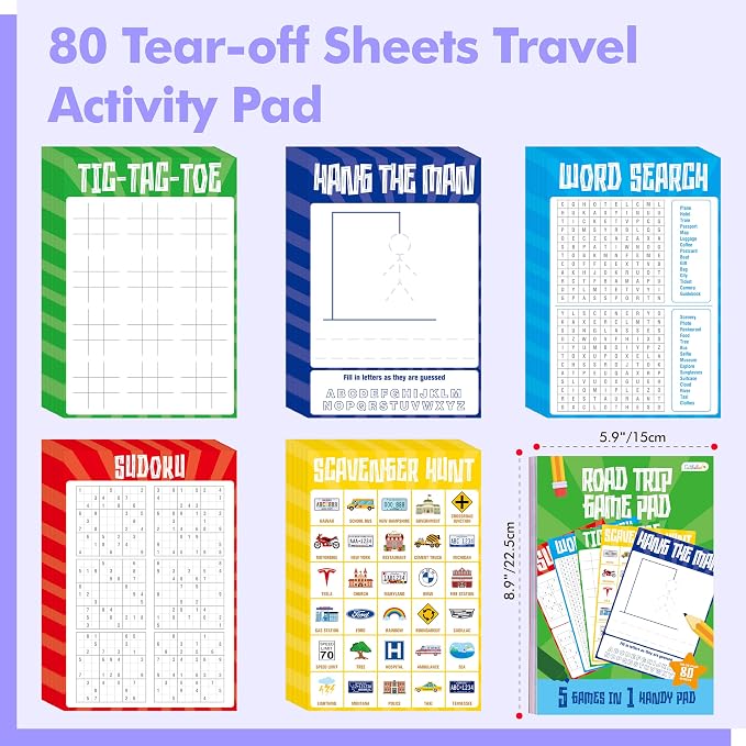 Road Trip Game Pad, 80 Perforated Sheets Travel Activity Pad, 5 Games in 1 Pad - Image 2
