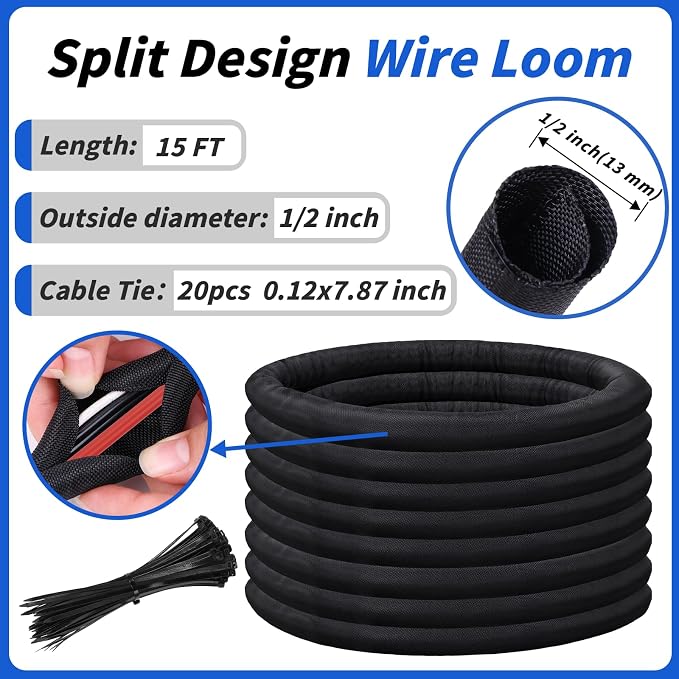 15FT Split Braided Sleeve Cable Management, 1/2 Inch Wire Loom Tubing Cord - Image 2
