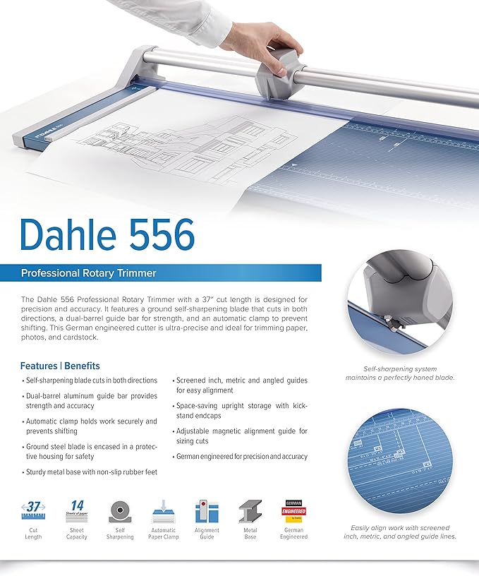 Dahle 556 Professional Rotary Trimmer, 37" Cut Length, 14 Sheet Capacity, Self-Sharpening, Dual Guide Bar, Automatic Clamp, German Engineered Paper Cutter-DeskLoop Office