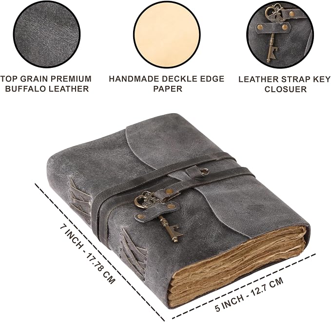 Leather Journal with Deckle Edge Paper 8x6 inch and Vintage Key | Handmade - Image 6